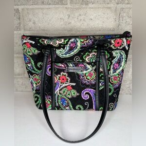 Vera Bradley Quilted Tote Bag Black Multicolor Paisley Zip Top w/ Pocket